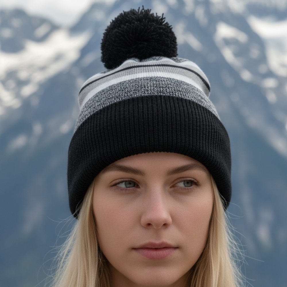ChoKoLids Striped Pom Pom Stocking Cap Hat Black Gray and White NEW